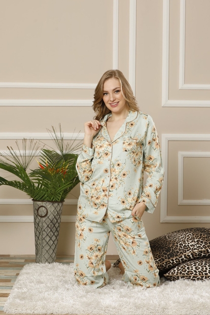 Flor Exculusive Collection Önden Düğmeli Uzun Kollu İpek Saten Pijama Takımı - 2