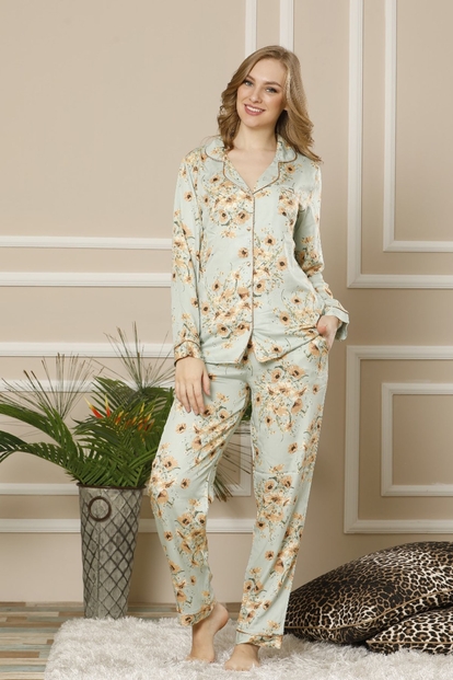 Flor Exculusive Collection Önden Düğmeli Uzun Kollu İpek Saten Pijama Takımı - 3
