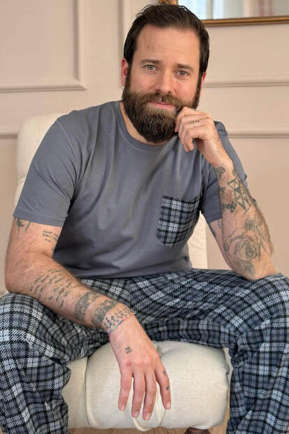Füme Gri Ekose Cep Detay Kısa Kollu Erkek Pijama Takımı 