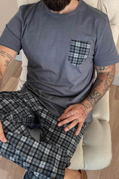 Füme Gri Ekose Cep Detay Kısa Kollu Erkek Pijama Takımı - 5