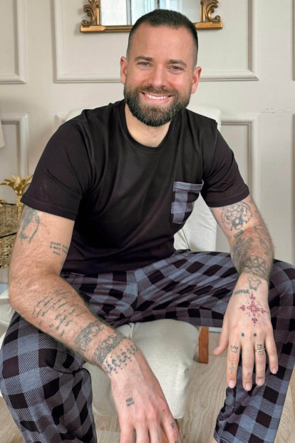 Füme Siyah Ekose Cep Detay Kısa Kollu Erkek Pijama Takımı - 1
