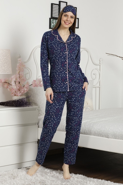 Gökyüzü Desenli Önden Düğmeli Uzun Kollu Pijama Takımı - 1