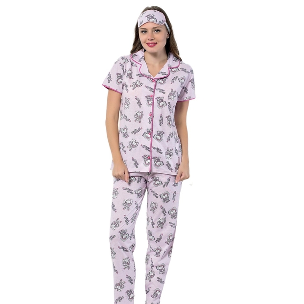 Good Night Desenli Önden Düğmeli Kısa Kollu Pijama Takımı - 1
