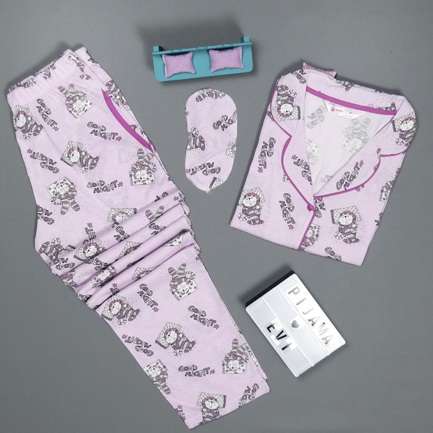Good Night Desenli Önden Düğmeli Kısa Kollu Pijama Takımı - 2