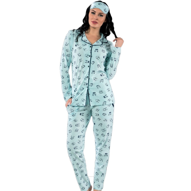 Göz Desenli Önden Düğmeli Pamuklu Pijama Takımı - 1