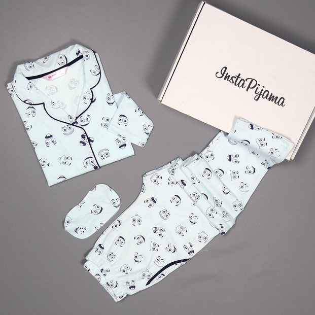 Göz Desenli Önden Düğmeli Pamuklu Pijama Takımı - 2