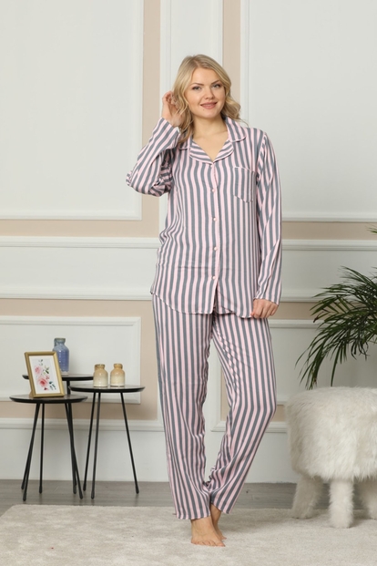Gray One Exclusive Collection Önden Düğmeli Uzun Kollu İpek Saten Pijama Takımı - 2