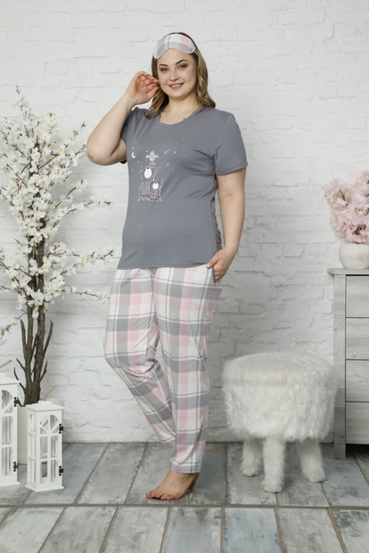 Gri Bear Desenli Kısa Kollu Büyük Beden Battal Pijama Takımı - 1