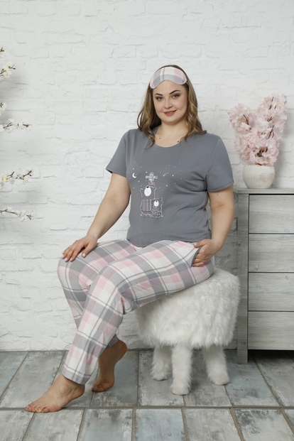 Gri Bear Desenli Kısa Kollu Büyük Beden Battal Pijama Takımı - 2