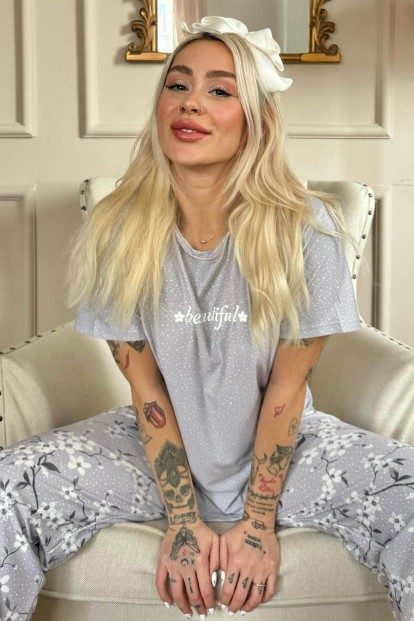 Gri Beautiful Desenli Kısa Kollu Örme Kadın Pijama Takımı - 1