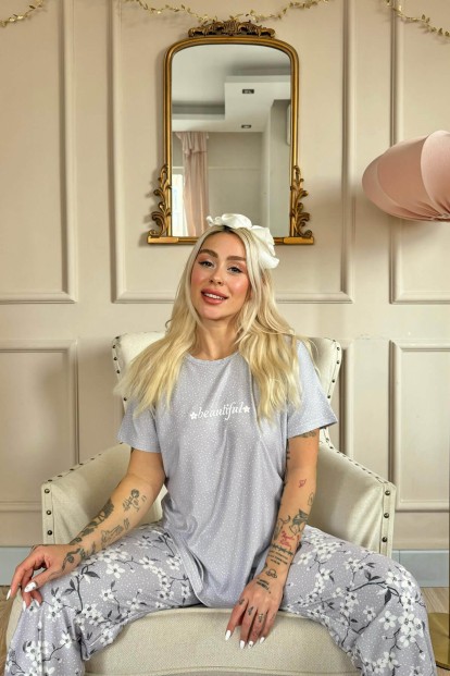 Gri Beautiful Desenli Kısa Kollu Örme Kadın Pijama Takımı - 2