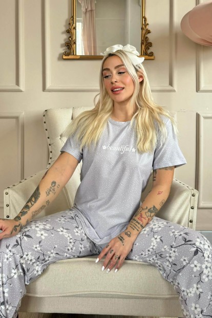Gri Beautiful Desenli Kısa Kollu Örme Kadın Pijama Takımı - 3