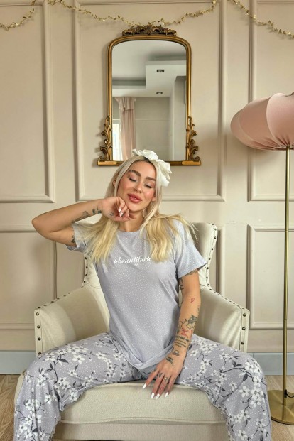 Gri Beautiful Desenli Kısa Kollu Örme Kadın Pijama Takımı - 4