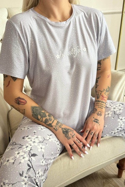 Gri Beautiful Desenli Kısa Kollu Örme Kadın Pijama Takımı - 5
