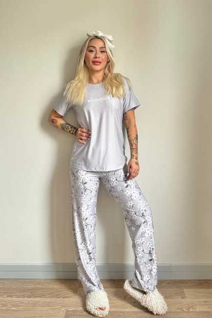 Gri Beautiful Desenli Kısa Kollu Örme Kadın Pijama Takımı - 6