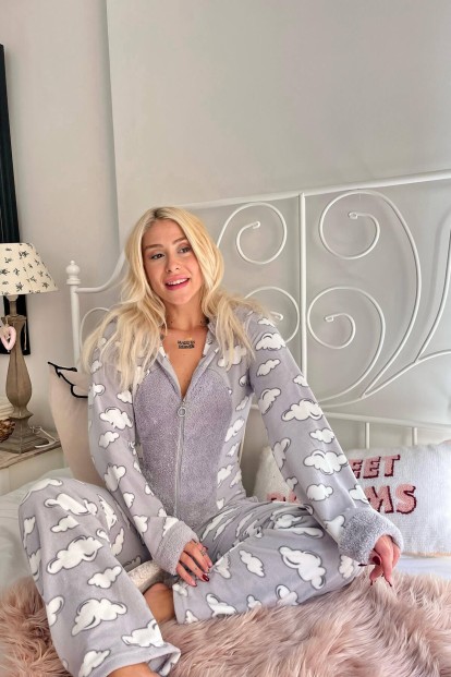 Gri Bulut Desenli Kadın Polar Peluş Tulum Pijama Takımı - 3