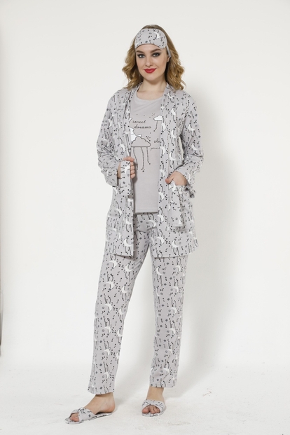 Gri Bulut Desenli Sabahlıklı Pijama Takımı - 1