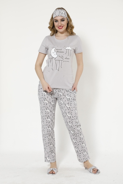 Gri Bulut Desenli Sabahlıklı Pijama Takımı - 2