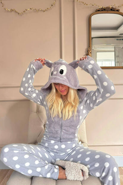 Gri Puan Desenli Kadın Polar Peluş Tulum Pijama - 3