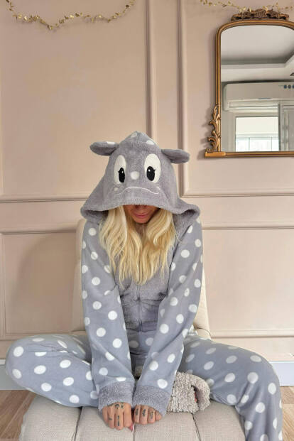 Gri Puan Desenli Kadın Polar Peluş Tulum Pijama - 4