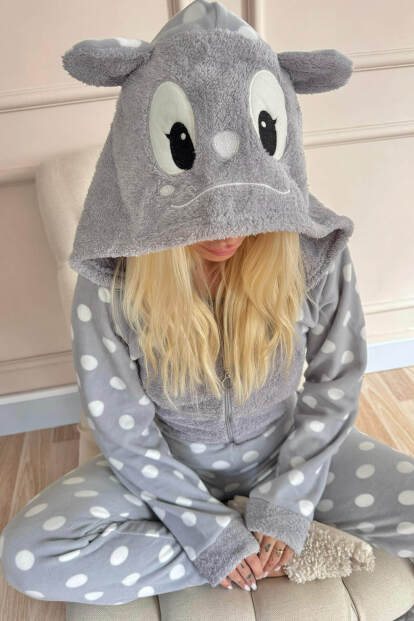 Gri Puan Desenli Kadın Polar Peluş Tulum Pijama - 5