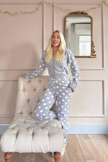 Gri Puan Desenli Kadın Polar Peluş Tulum Pijama - 6