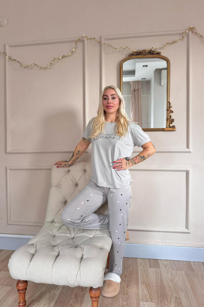 Gri Dreams Desenli Bambu Kısa Kol Kadın Pijama Takımı - 6