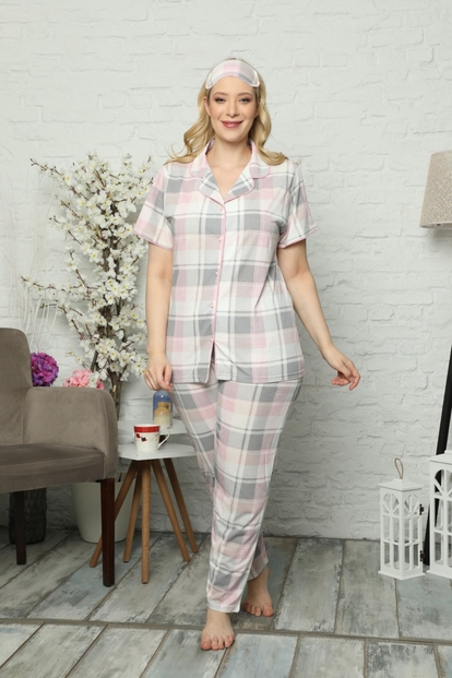 Gri Ekoseli Önden Düğmeli Kısa Kollu Büyük Beden Battal Pijama Takımı - 2
