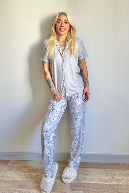 Gri Florado Exclusive Önden Düğmeli Kısa Kollu Kadın Pijama Takımı - 7