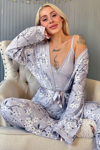 Gri Flore Exclusive Örme Sabahlıklı Kadın Pijama Takımı - 1