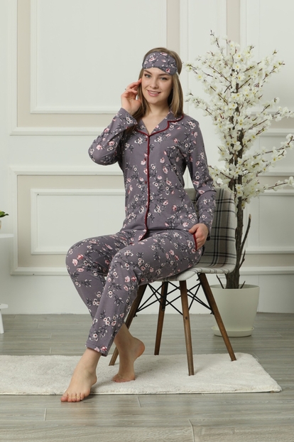 Gri Flower Desenli Önden Düğmeli Uzun Kollu Pijama Takımı - 1