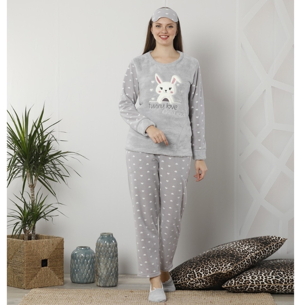 Gri Funny Love Desenli Kadın Peluş Pijama Takımı - 1
