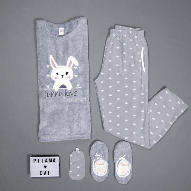 Gri Funny Love Desenli Kadın Peluş Pijama Takımı - 2