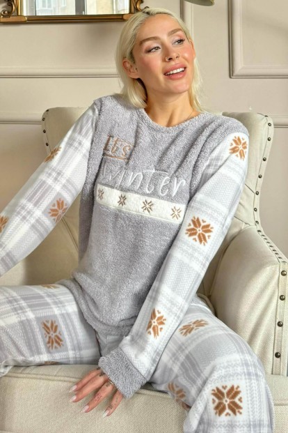 Gri It's Winter Desenli Kadın Peluş Pijama Takımı - Pijamaevi