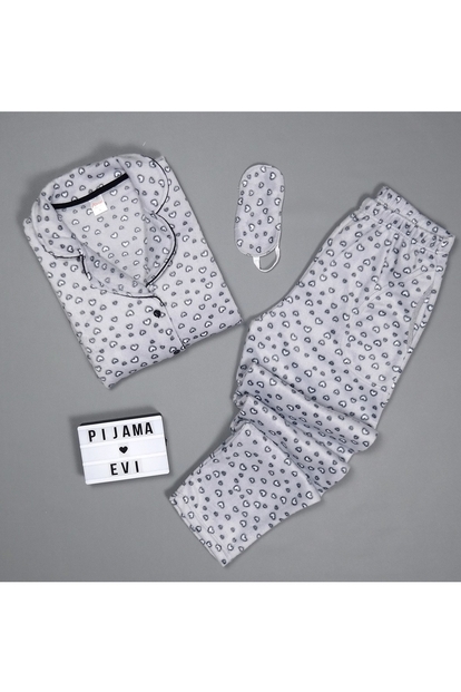 Gri Kalp Desenli Kadın Önden Düğmeli Yumoş Peluş Pijama Takımı - 2
