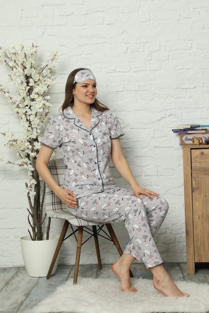 Gri Kalp Kedi Desenli Önden Düğmeli Kısa Kollu Pijama Takımı - 1