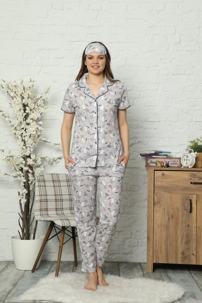 Gri Kalp Kedi Desenli Önden Düğmeli Kısa Kollu Pijama Takımı - 2