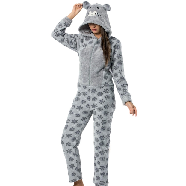 Gri Kartanesi Desenli Kadın Polar Peluş Tulum Pijama Takımı - 1