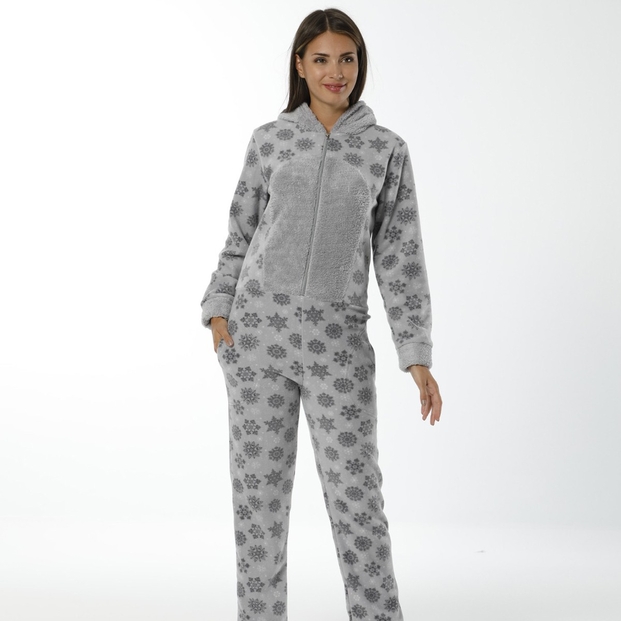 Gri Kartanesi Desenli Kadın Polar Peluş Tulum Pijama Takımı - 2