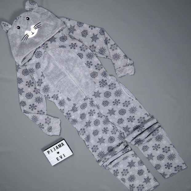 Gri Kartanesi Desenli Kadın Polar Peluş Tulum Pijama Takımı - 3