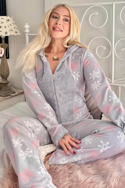 Gri Kartanesi Desenli Kadın Polar Peluş Tulum Pijama 