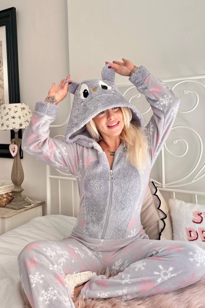 Gri Kartanesi Desenli Kadın Polar Peluş Tulum Pijama - 2