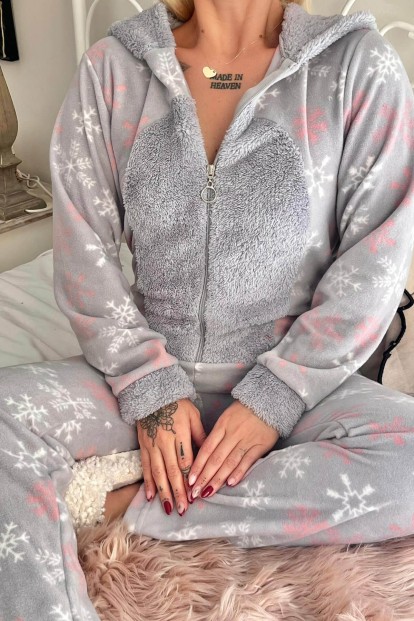 Gri Kartanesi Desenli Kadın Polar Peluş Tulum Pijama - 4