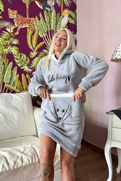 Gri Little Desenli Kapşonlu Tam Peluş Tunik Panço Pijama - 3