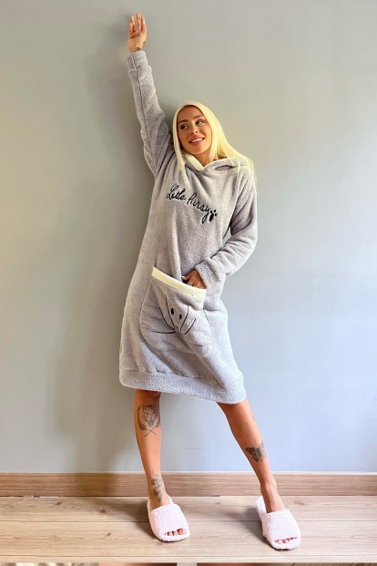 Gri Little Desenli Kapşonlu Tam Peluş Tunik Panço Pijama - 6
