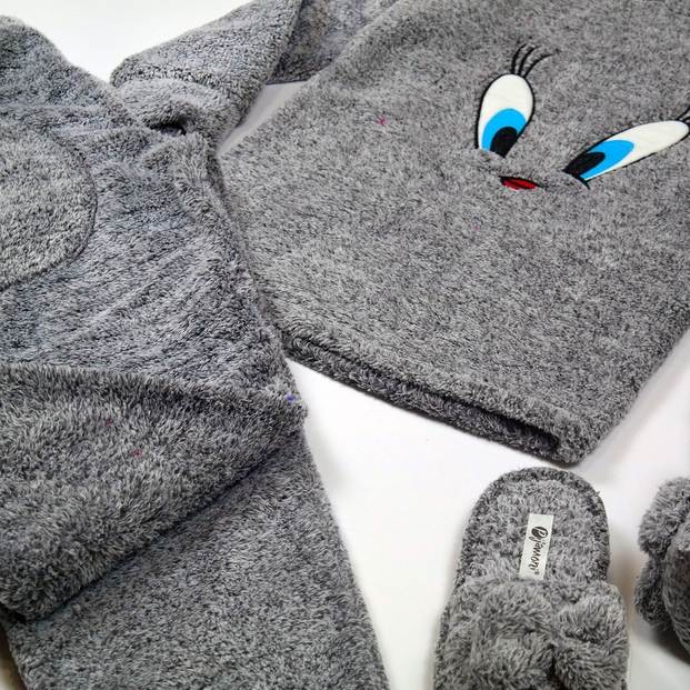 Gri Melanj Tweety Peluş Pijama Takımı - 1