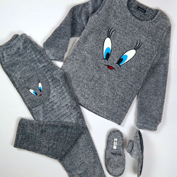 Gri Melanj Tweety Peluş Pijama Takımı - 2