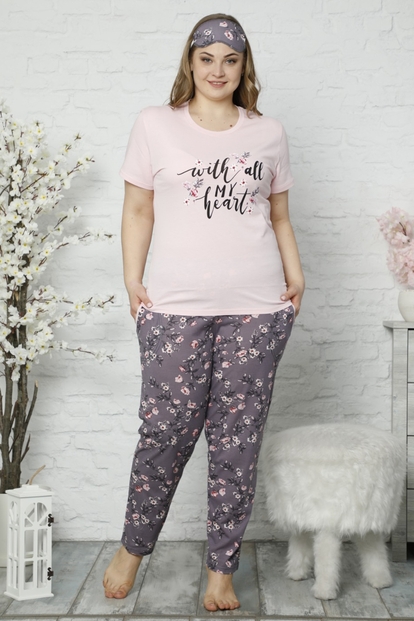 Gri My Heart Desenli Kısa Kollu Büyük Beden Battal Pijama Takımı - 1