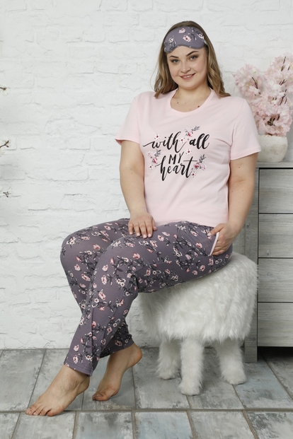 Gri My Heart Desenli Kısa Kollu Büyük Beden Battal Pijama Takımı - 2