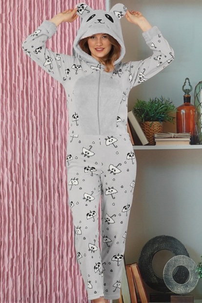 Gri Panda Desenli Kadın Polar Peluş Tulum Pijama Takımı - 1